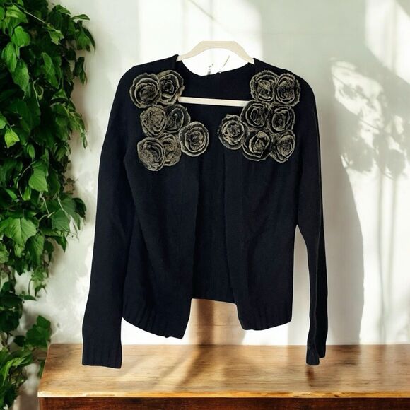 Gaby & Eden Women’s Small Black Open Cardigan Sweater Fur Rose Trim - Picture 1 of 9